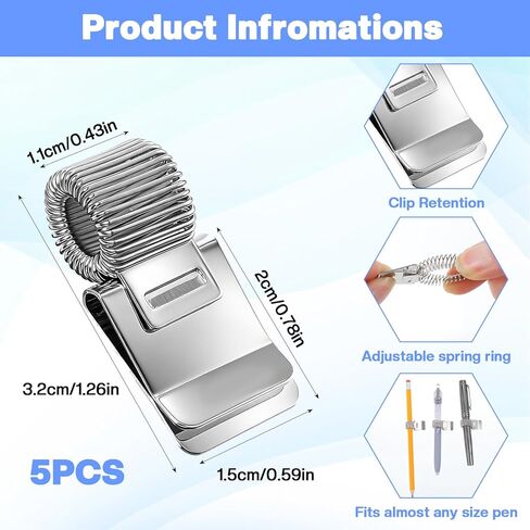 5 قطع حامل مشبك قلم فضي، حامل مشبك قلم، مشابك أقلام مجلة، حامل أقلام مجلة قابل للتعديل مع حلقة زنبركية واحدة للكمبيوتر المحمول، الحافظة، لون فضي in Kuwait
