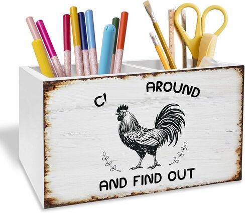 Vintage Rustic Chicken Pen Holder for Desk, Chicken Lover Gifts Pencil Organizer, Funny Rooster Wooden Box Sign Desk Decor for Home Office Decoration in Saudi Arabia