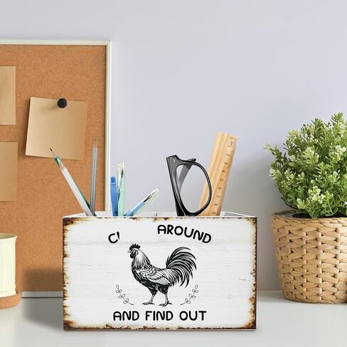 Vintage Rustic Chicken Pen Holder for Desk, Chicken Lover Gifts Pencil Organizer, Funny Rooster Wooden Box Sign Desk Decor for Home Office Decoration in Saudi Arabia