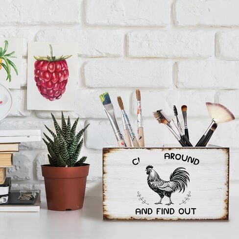 Vintage Rustic Chicken Pen Holder for Desk, Chicken Lover Gifts Pencil Organizer, Funny Rooster Wooden Box Sign Desk Decor for Home Office Decoration in Saudi Arabia