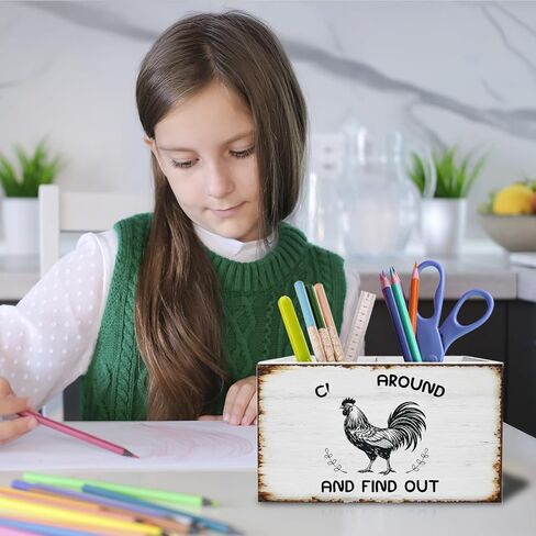 Vintage Rustic Chicken Pen Holder for Desk, Chicken Lover Gifts Pencil Organizer, Funny Rooster Wooden Box Sign Desk Decor for Home Office Decoration in Saudi Arabia