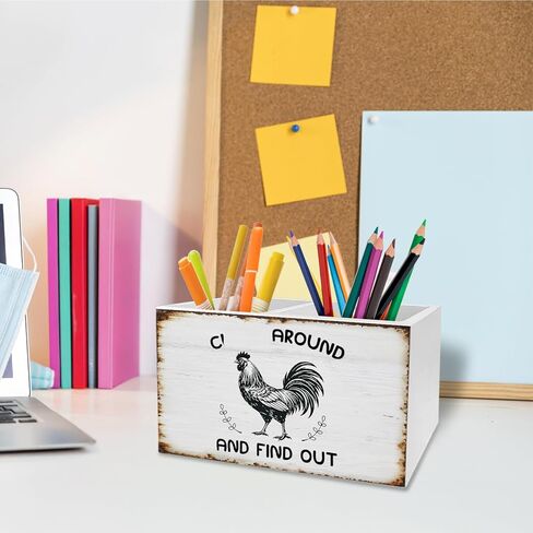 Vintage Rustic Chicken Pen Holder for Desk, Chicken Lover Gifts Pencil Organizer, Funny Rooster Wooden Box Sign Desk Decor for Home Office Decoration in Saudi Arabia