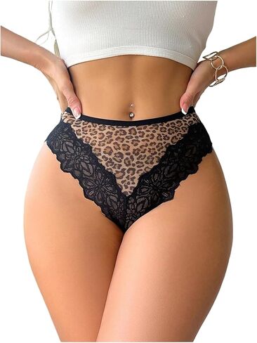 SHENHE Women's Sexy Floral Lace Trimmed Leopard Print High Rise Cheeky Panties Underwear in Saudi Arabia
