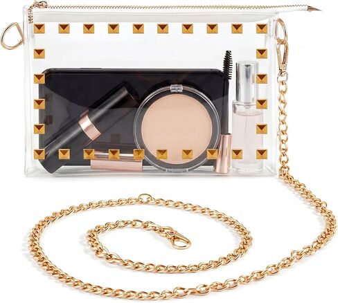 Stylish Clear Stadium Bag for Women, Transparent PVC Crossbody Purse with Gold Chain and Studded Design, Stadium Approved, Perfect for Concerts, Sports and Events, 9" x 6.3" x 1.38" in Saudi Arabia