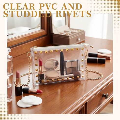Stylish Clear Stadium Bag for Women, Transparent PVC Crossbody Purse with Gold Chain and Studded Design, Stadium Approved, Perfect for Concerts, Sports and Events, 9" x 6.3" x 1.38" in Saudi Arabia