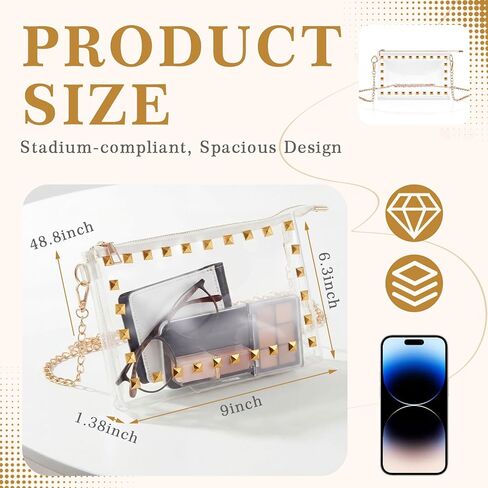 Stylish Clear Stadium Bag for Women, Transparent PVC Crossbody Purse with Gold Chain and Studded Design, Stadium Approved, Perfect for Concerts, Sports and Events, 9" x 6.3" x 1.38" in Saudi Arabia