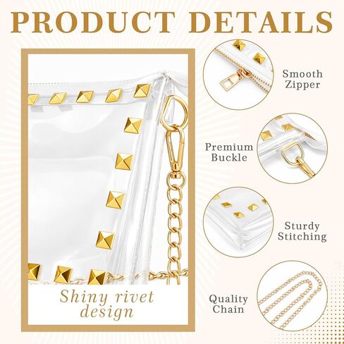 Stylish Clear Stadium Bag for Women, Transparent PVC Crossbody Purse with Gold Chain and Studded Design, Stadium Approved, Perfect for Concerts, Sports and Events, 9" x 6.3" x 1.38" in Saudi Arabia