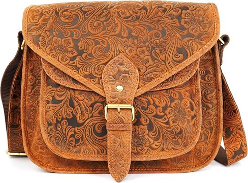 حقيبة كروس جلدية منقوشة للنساء | حمالة كتف على الطراز العتيق مع غطاء بإبزيم مغناطيسي | حقيبة كروس صغيرة للاستخدام اليومي للسفر والاستخدام العادي واليومي in Kuwait