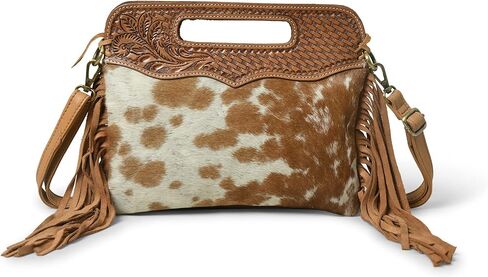 حقيبة كروس نسائية من جلد الغزال الغربي بشراشيب شعر على الجسم مع حزام قابل للتعديل | حقيبة يد جلدية | محفظة | حقيبة حبال جانبية in Kuwait