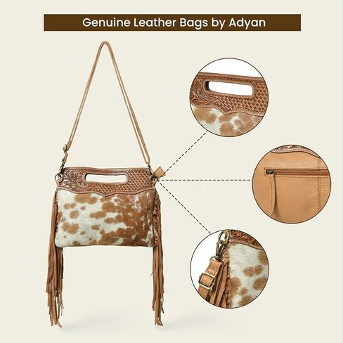 حقيبة كروس نسائية من جلد الغزال الغربي بشراشيب شعر على الجسم مع حزام قابل للتعديل | حقيبة يد جلدية | محفظة | حقيبة حبال جانبية in Kuwait