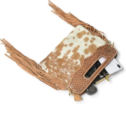 حقيبة كروس نسائية من جلد الغزال الغربي بشراشيب شعر على الجسم مع حزام قابل للتعديل | حقيبة يد جلدية | محفظة | حقيبة حبال جانبية in Kuwait