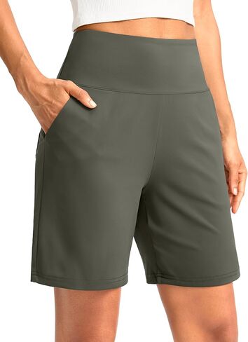 G Gradual Women's Bermuda Long Shorts with Pockets 7" High Waisted Knee Length Shorts for Women Walking Athletic Workout(Grey Sage-L7,M) in Kuwait