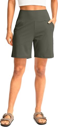 G Gradual Women's Bermuda Long Shorts with Pockets 7" High Waisted Knee Length Shorts for Women Walking Athletic Workout(Grey Sage-L7,M) in Kuwait