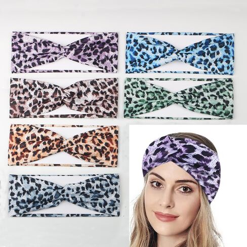 6PCS Leopard Boho Headbands for Women,Elastic Stretchy Boho Criss Cross Head Wrap, Wide Top Knot Turban Hair Band in Saudi Arabia