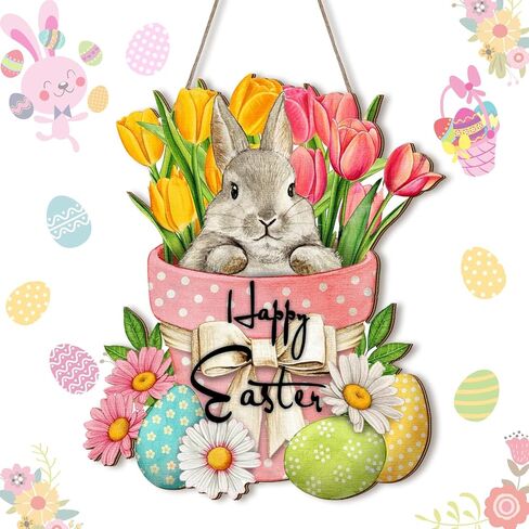 Bucherry Happy Easter Hanging Sign for Front Door Wooden Easter Decoration for Home Indoor Outdoor Wall(Cute Rabbit) in Saudi Arabia