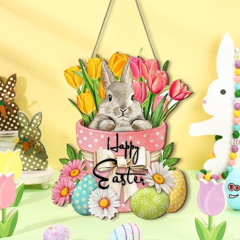 Bucherry Happy Easter Hanging Sign for Front Door Wooden Easter Decoration for Home Indoor Outdoor Wall(Cute Rabbit) in Saudi Arabia