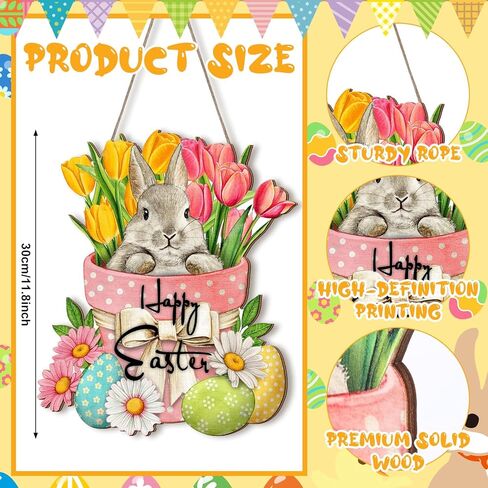 Bucherry Happy Easter Hanging Sign for Front Door Wooden Easter Decoration for Home Indoor Outdoor Wall(Cute Rabbit) in Saudi Arabia