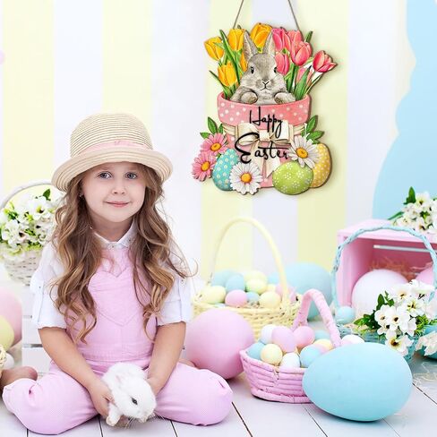 Bucherry Happy Easter Hanging Sign for Front Door Wooden Easter Decoration for Home Indoor Outdoor Wall(Cute Rabbit) in Saudi Arabia