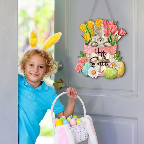 Bucherry Happy Easter Hanging Sign for Front Door Wooden Easter Decoration for Home Indoor Outdoor Wall(Cute Rabbit) in Saudi Arabia