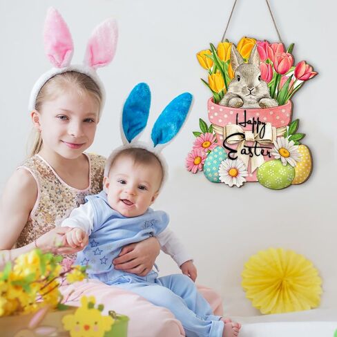 Bucherry Happy Easter Hanging Sign for Front Door Wooden Easter Decoration for Home Indoor Outdoor Wall(Cute Rabbit) in Saudi Arabia