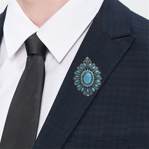 Dreuyet Turquoise Brooch Pin for Women Men Western Cowboy Cowgirl Oval Teardrop Laple Pins Vintage Retro Turquoise Bead Country Jewelry Accessories in Saudi Arabia