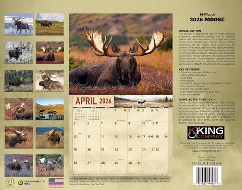 تقويم جداري 2026 Bull Moose لمدة 16 شهرًا مقاس X-Large 14x22، تقويم Wild Bull Moose من The KING Company-Monster Calendars in Kuwait