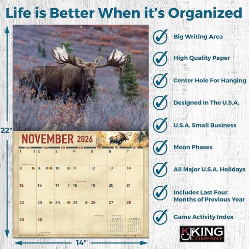 تقويم جداري 2026 Bull Moose لمدة 16 شهرًا مقاس X-Large 14x22، تقويم Wild Bull Moose من The KING Company-Monster Calendars in Kuwait