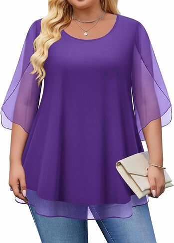 IN'VOLAND Women Blouses Plus Size Dressy Floral Tunic Tops Bell Sleeve Lightweight Shirts Purple 1X in Saudi Arabia