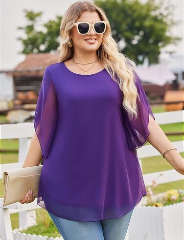 IN'VOLAND Women Blouses Plus Size Dressy Floral Tunic Tops Bell Sleeve Lightweight Shirts Purple 1X in Saudi Arabia