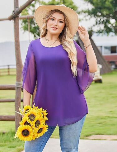 IN'VOLAND Women Blouses Plus Size Dressy Floral Tunic Tops Bell Sleeve Lightweight Shirts Purple 1X in Saudi Arabia