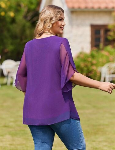 IN'VOLAND Women Blouses Plus Size Dressy Floral Tunic Tops Bell Sleeve Lightweight Shirts Purple 1X in Saudi Arabia