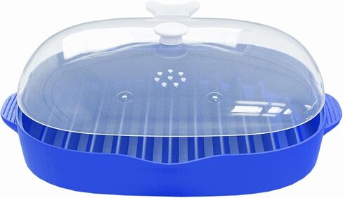 ZYXGOGOGO Microwave Bacon Rack, Two-Tier Bacon Grill Tray, Multifunctional Steamer for Cooking Food, Bacon Cooker with Splatter Lid, Large Capacity, Suggest Dishwasher Clean, Length:11inch.（Blue） in Kuwait