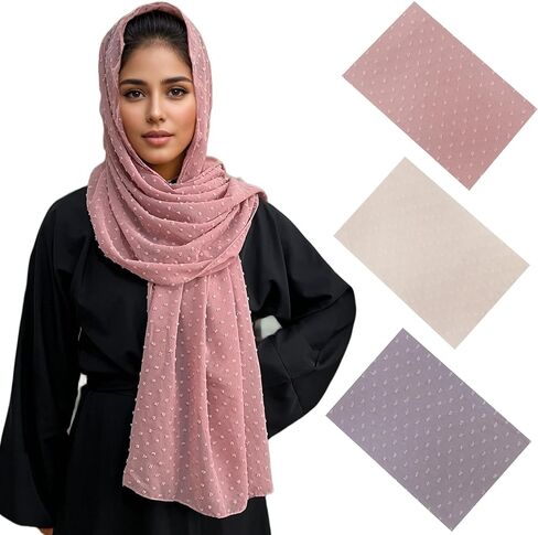 3 Pack Jacquard Bubble Chiffon Hijabs for Women, Pom Pom Textured Shawl Scarf Set,Elegant Headwraps for Daily in Kuwait