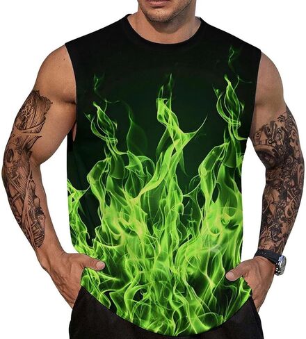 3D Tank Tops for Men Flame Print Sleeveless Athletic Fitness Running Workout Beach Shirts in Kuwait