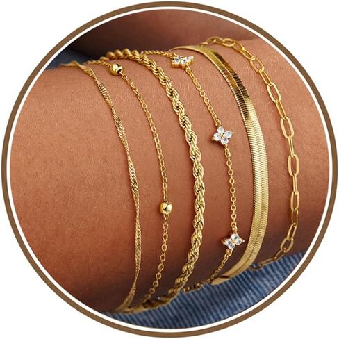M MOOHAM Gold Bracelets Set for Women, 14K Gold Plated Dainty Stackable Bracelets Stack for Women Herringbone Paperclip Rope Cuban Chain Set Simple Trendy Jewelry Gifts in Saudi Arabia