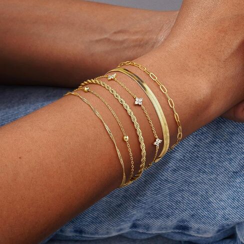 M MOOHAM Gold Bracelets Set for Women, 14K Gold Plated Dainty Stackable Bracelets Stack for Women Herringbone Paperclip Rope Cuban Chain Set Simple Trendy Jewelry Gifts in Saudi Arabia