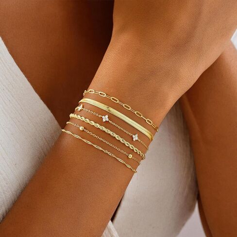 M MOOHAM Gold Bracelets Set for Women, 14K Gold Plated Dainty Stackable Bracelets Stack for Women Herringbone Paperclip Rope Cuban Chain Set Simple Trendy Jewelry Gifts in Saudi Arabia
