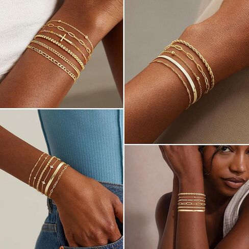 M MOOHAM Gold Bracelets Set for Women, 14K Gold Plated Dainty Stackable Bracelets Stack for Women Herringbone Paperclip Rope Cuban Chain Set Simple Trendy Jewelry Gifts in Saudi Arabia