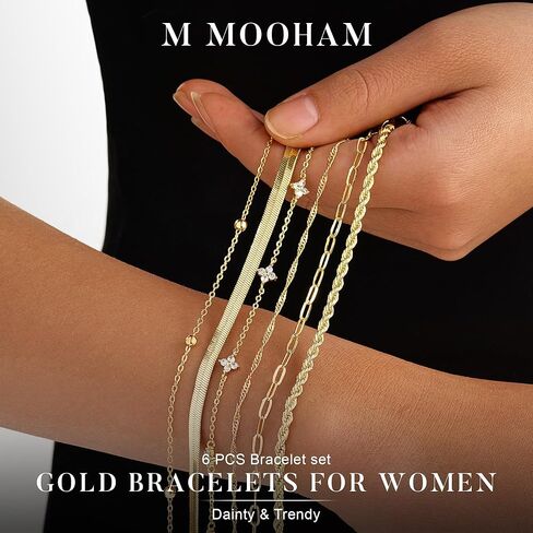 M MOOHAM Gold Bracelets Set for Women, 14K Gold Plated Dainty Stackable Bracelets Stack for Women Herringbone Paperclip Rope Cuban Chain Set Simple Trendy Jewelry Gifts in Saudi Arabia