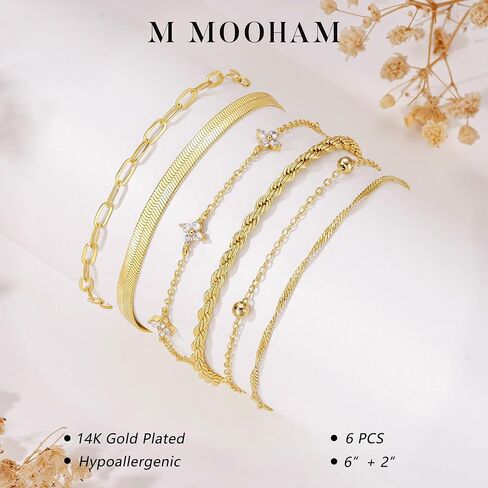 M MOOHAM Gold Bracelets Set for Women, 14K Gold Plated Dainty Stackable Bracelets Stack for Women Herringbone Paperclip Rope Cuban Chain Set Simple Trendy Jewelry Gifts in Saudi Arabia