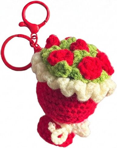 سلسلة مفاتيح على شكل باقة ورد من الكروشيه مصنوعة يدويًا، حلقة مفاتيح على شكل زهرة حمراء محبوكة لطيفة، حقيبة سحرية من الغزل، هدية فريدة للنساء in Kuwait