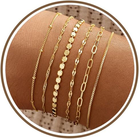M MOOHAM Gold Bracelets Set for Women, 14K Gold Plated Dainty Stackable Bracelets Stack for Women Herringbone Paperclip Rope Cuban Chain Set Simple Trendy Jewelry Gifts in Saudi Arabia