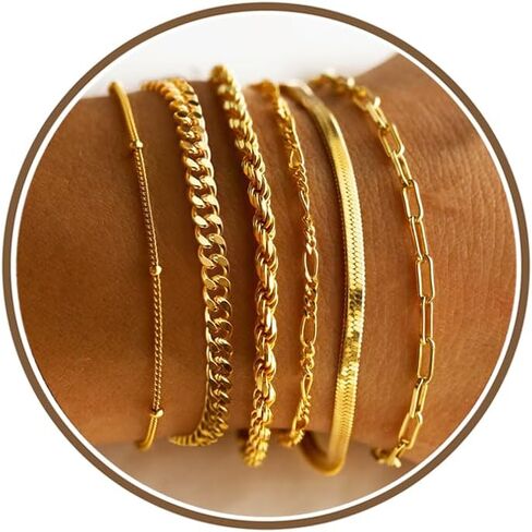 M MOOHAM Gold Bracelets Set for Women, 14K Gold Plated Dainty Stackable Bracelets Stack for Women Herringbone Paperclip Rope Cuban Chain Set Simple Trendy Jewelry Gifts in Saudi Arabia