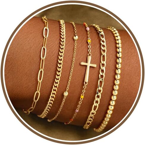 M MOOHAM Gold Bracelets Set for Women, 14K Gold Plated Dainty Stackable Bracelets Stack for Women Herringbone Paperclip Rope Cuban Chain Set Simple Trendy Jewelry Gifts in Saudi Arabia