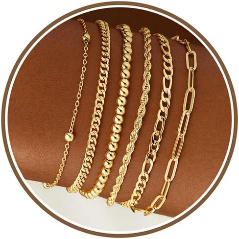 M MOOHAM Gold Bracelets Set for Women, 14K Gold Plated Dainty Stackable Bracelets Stack for Women Herringbone Paperclip Rope Cuban Chain Set Simple Trendy Jewelry Gifts in Saudi Arabia