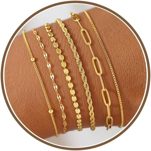 M MOOHAM Gold Bracelets Set for Women, 14K Gold Plated Dainty Stackable Bracelets Stack for Women Herringbone Paperclip Rope Cuban Chain Set Simple Trendy Jewelry Gifts in Saudi Arabia