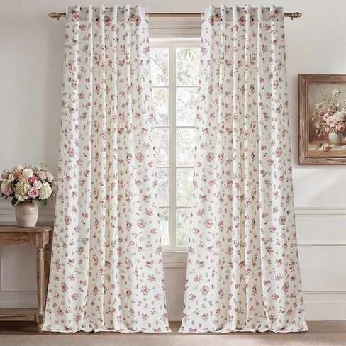 StangH Floral Linen Curtains with Rose Pattern,Farmhouse Vintage Style Drapes with Back Tab for Bedroom and Living Room,Dusty Rose,W52xL84,2 Panels in Kuwait