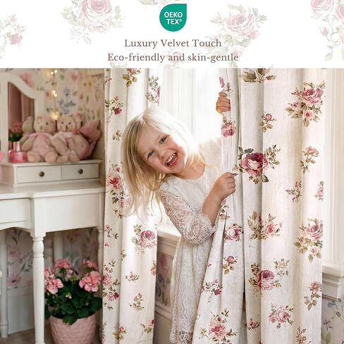 StangH Floral Linen Curtains with Rose Pattern,Farmhouse Vintage Style Drapes with Back Tab for Bedroom and Living Room,Dusty Rose,W52xL84,2 Panels in Kuwait