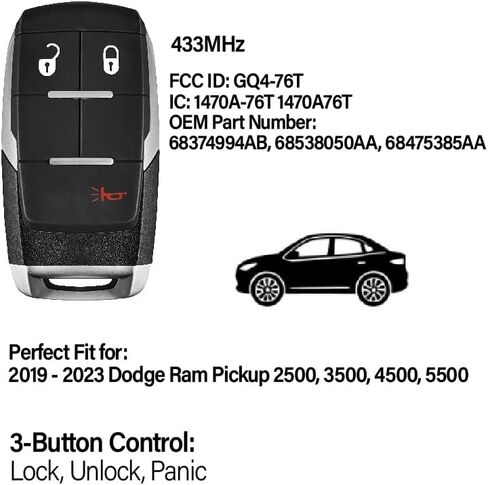 2 Keylessbest Replacement for 2019 2020 2021 2022 2023 Dodge Ram Pickup 2500 3500 4500 5500 Key Fob Remote Control GQ4-76T 3 Buttons 433MHz in Saudi Arabia