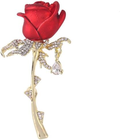 Elegant Brooch with Delicate Rose Design Inlaid with Sparkling Crystals – Diamond Red Rose Brooch for Formal Occasions, Perfect with Suits/Dresses/Neckline Decoration in Saudi Arabia